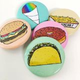 Custom 1.5 inch round buttons with tacos, hamburgers, ice cream and nachos on hem