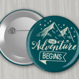 2.5 Round Custom Button Green with Mountain Design that says The adventure Beings