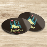 3x2 Inch Oval Stickers This photo shows 2 oval stickers with tents and trees for camping that says Adventure