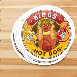 5.5 Inch Round Sticker- Round stickers with silly hot dog golding mustard and ketchup