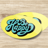 5x3 Inch Oval Sticker The picture is of a yellow oval sticker that says "Be Happy" in a groovy blue and black font.