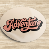 5x4 Inch Oval Stickers The image shows an oval sticker with the word "Adventure" in a fancy black and pink font.