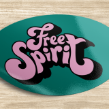 6x4 Inch Oval Sticker The photo is a green oval sticker with pink and black groovy text that reads "Free Spirit".