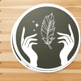 Custom 6 Inch Round Sticker- gray sticker with mystical hands and a feather