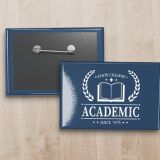 Navy blue Custom 3.5 x 2.5 Rectangle Pinback Buttons (Large) with white logo that says Academic