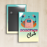 A whimsical 2x3 Custom Rectangle Buttons (Medium) with a robotics club logo