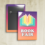 1.75 x 2.75 (Small) Custom Rectangle Buttons with a gradient back ground and the word book fair on it