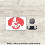 Oblong pin back button with clothing magnet. White button with adorable orange puppy dog design